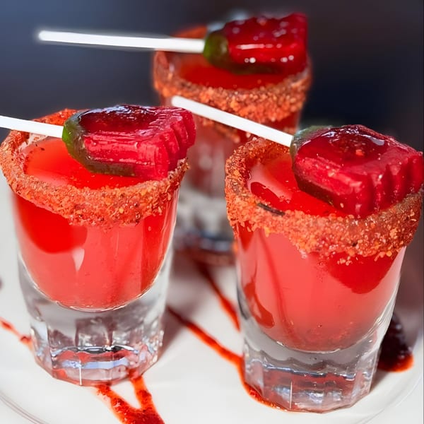 Three red Mexican shots with chili-lime rim and a red gummy candy on a white plate.