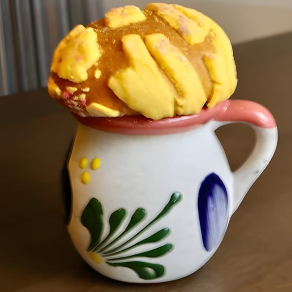 A Mexican concha pastry with yellow sugar topping sits atop a decorative white mug.