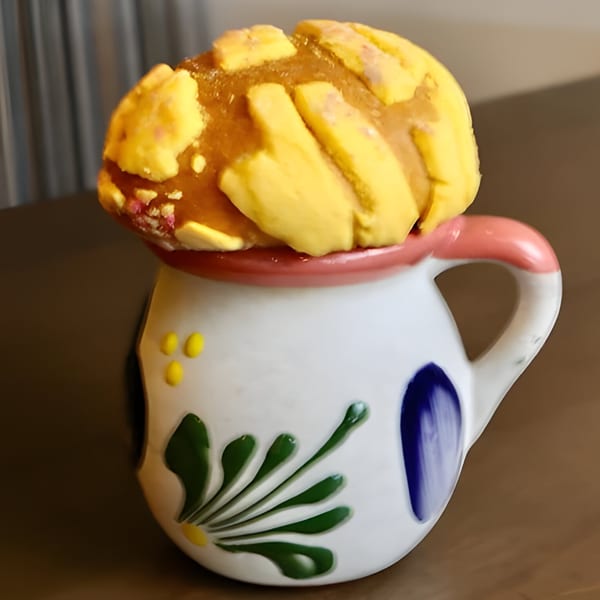 A Mexican concha pastry with yellow sugar topping sits atop a colorful, hand-painted mug.