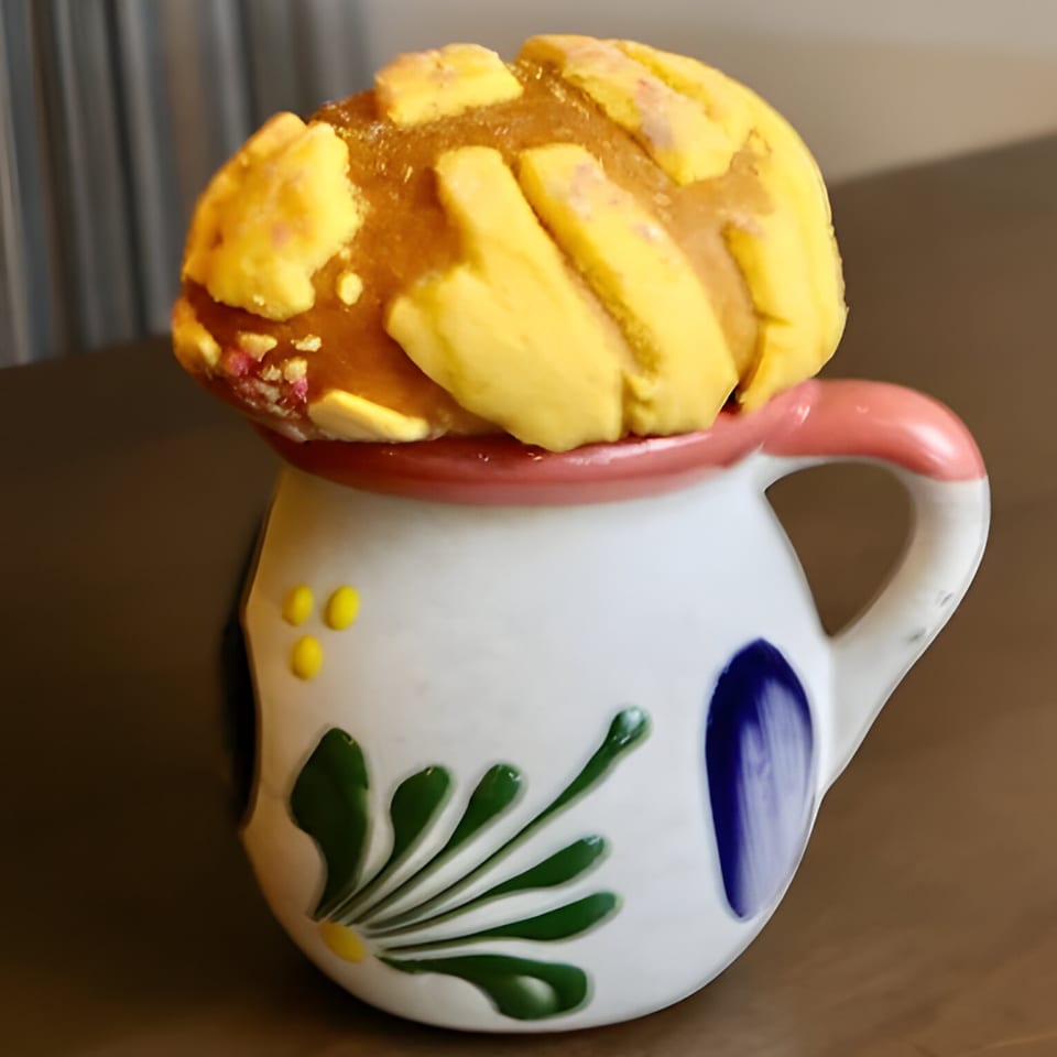 A Mexican concha pastry with yellow sugar topping sits atop a colorful, hand-painted mug.