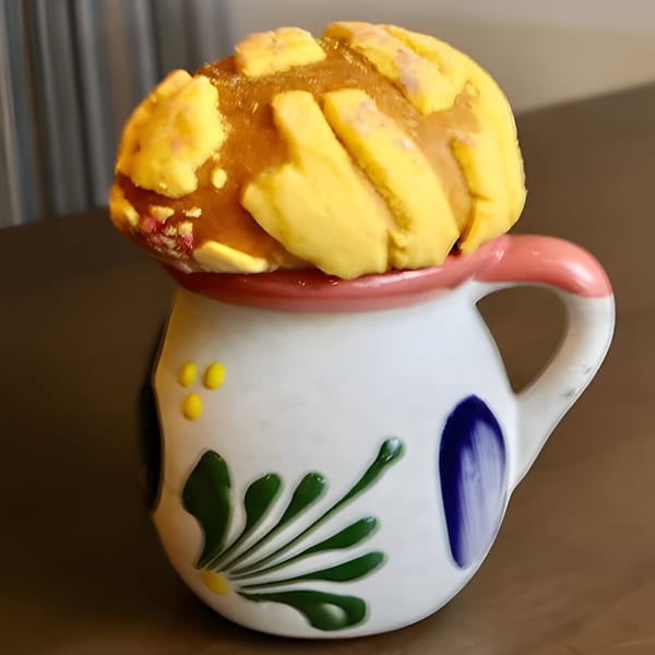 A Mexican concha pastry with yellow sugar topping sits atop a colorful, hand-painted mug.