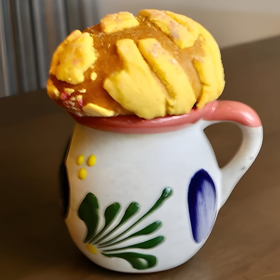 A Mexican concha pastry with yellow sugar topping sits atop a colorful, hand-painted mug.