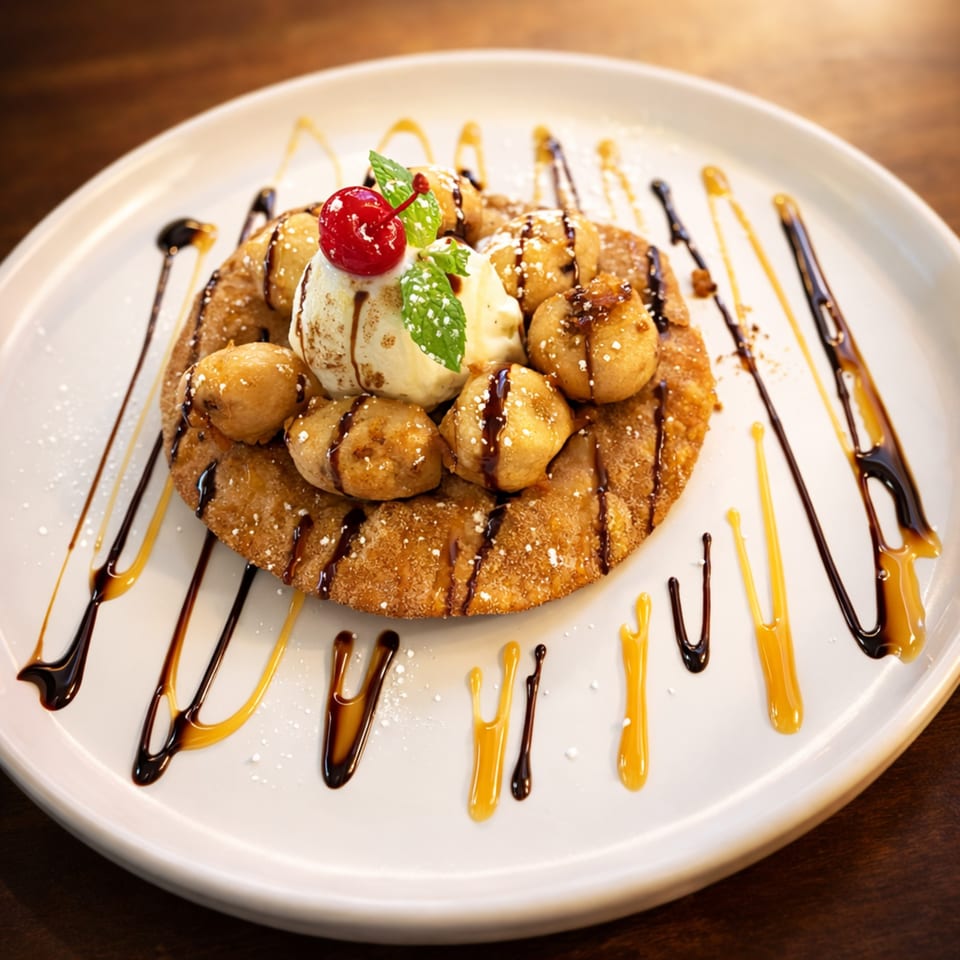 A dessert of fried dough, ice cream, cherries, and mint, drizzled with chocolate and caramel.