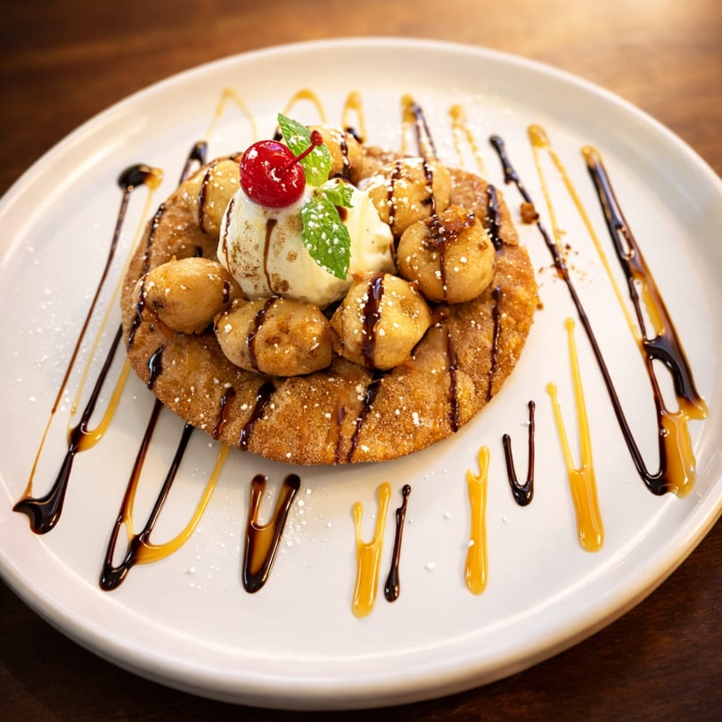 A dessert of fried dough, ice cream, cherries, and mint, drizzled with chocolate and caramel.